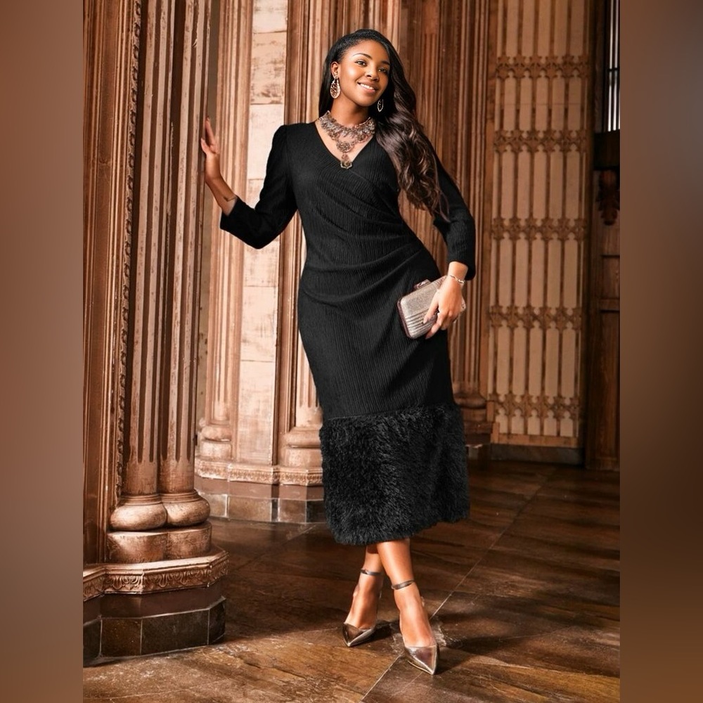 Black Surplice Neck Fuzzy Hem Dress
